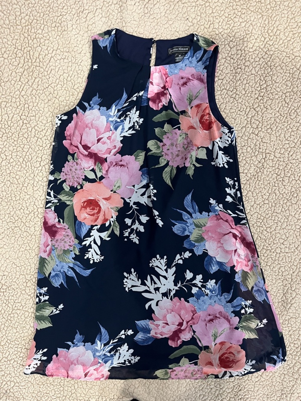 Jessica Howard Sleeveless Chiffon Navy Dress With Floral Accents Size 8 Petite